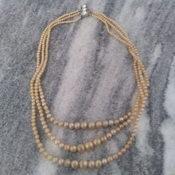 Vintage Three Strand Graduated Faux Pearl Necklace with Rhinestone Box Clasp - Picture 1 of 5